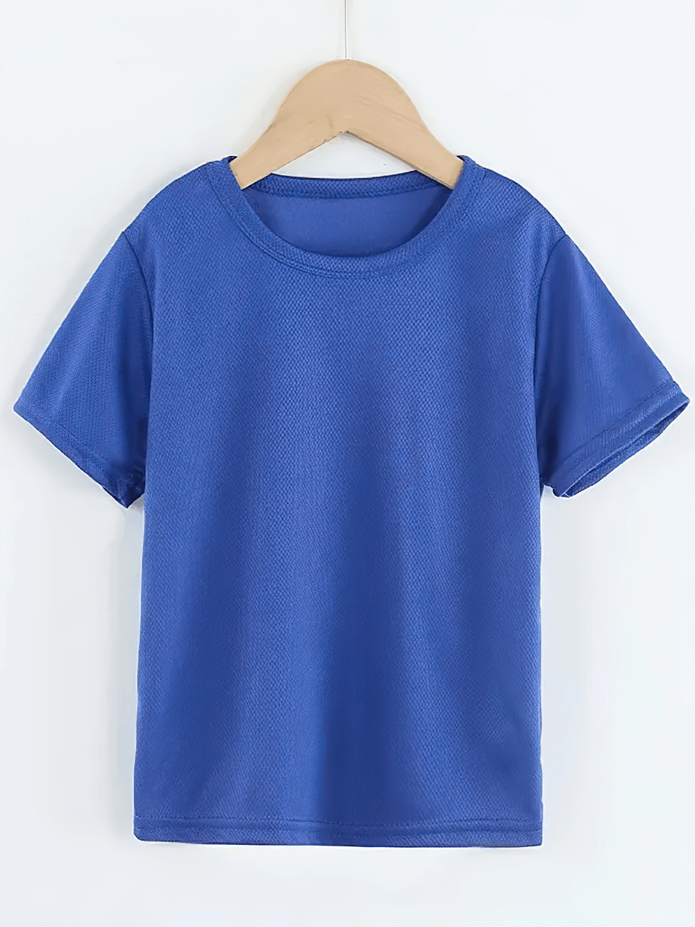 Bright blue round neck mesh t-shirt, perfect for sports and casual wear, on wooden hanger. Unisex, breathable, and durable design.